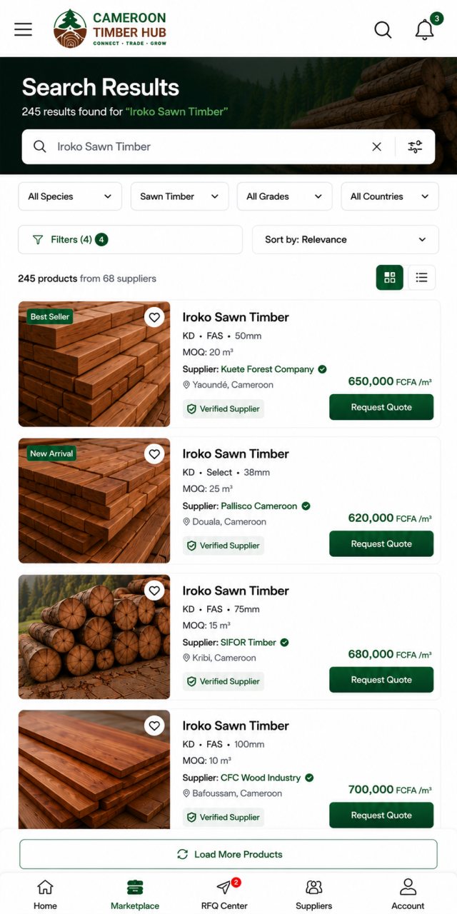 The marketplace screen: a search field, species and product-type filters, and a list of timber listings with price, MOQ and supplier.