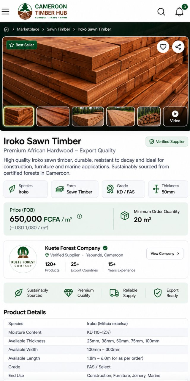 A product detail screen for Iroko sawn timber showing an image gallery, FOB price, minimum order quantity and a specifications table.