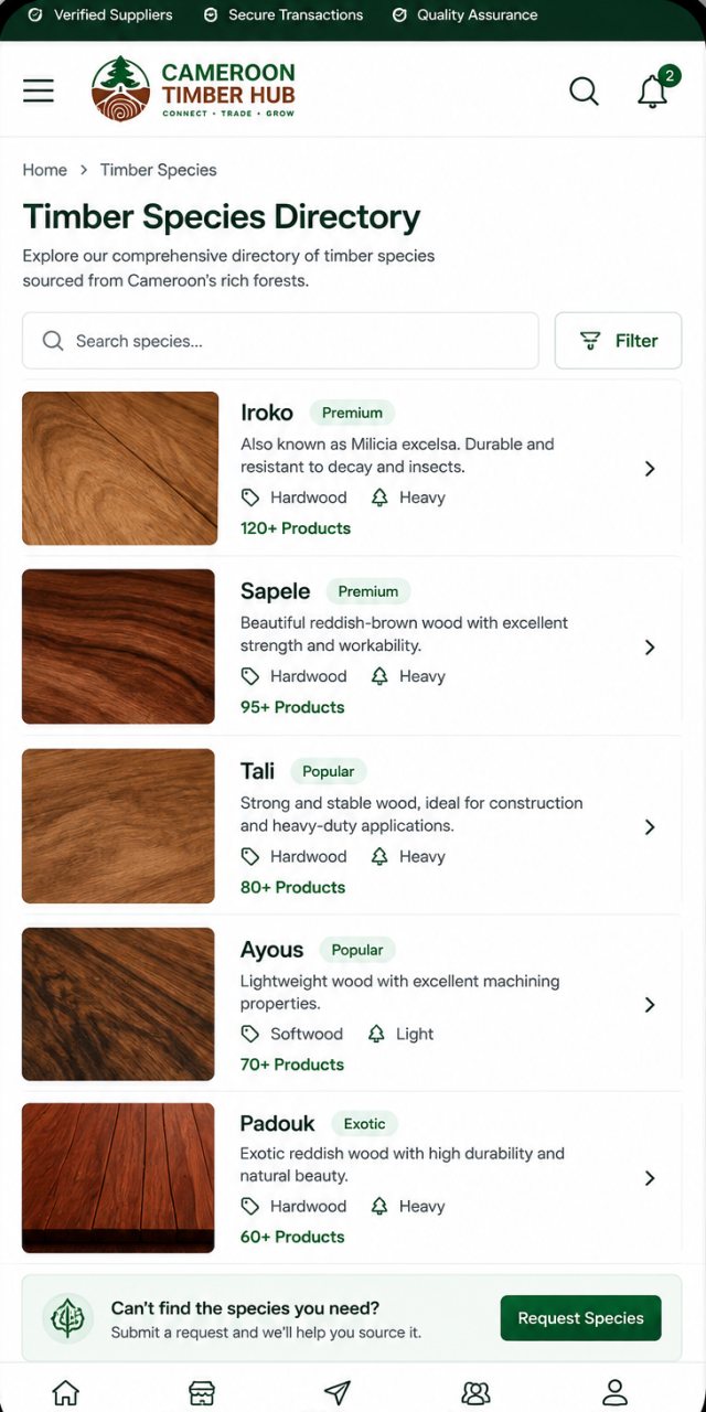 The timber species directory: a searchable list of species with grain photographs, category and weight class.
