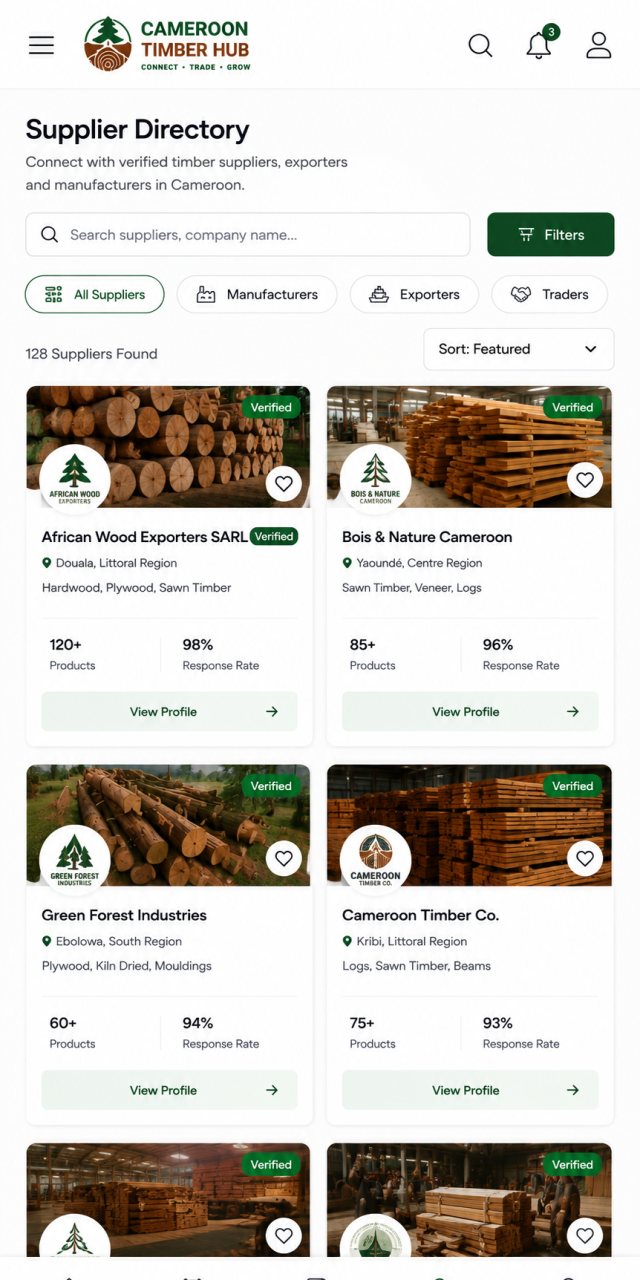 The supplier directory: cards for verified Cameroonian timber suppliers with location, product categories and response rate.
