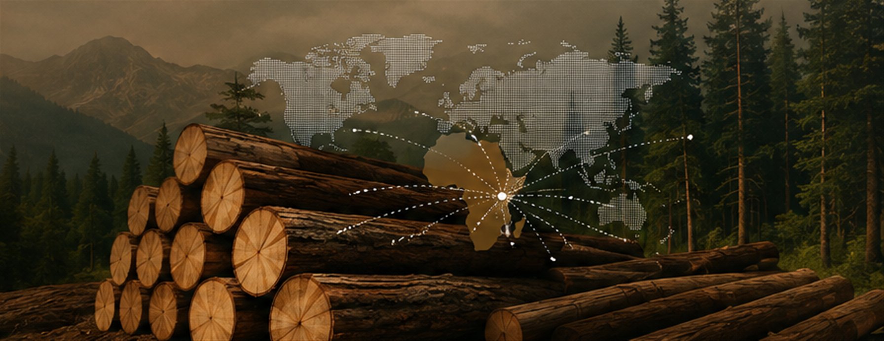 Stacked Cameroonian hardwood logs in front of a world map of export routes