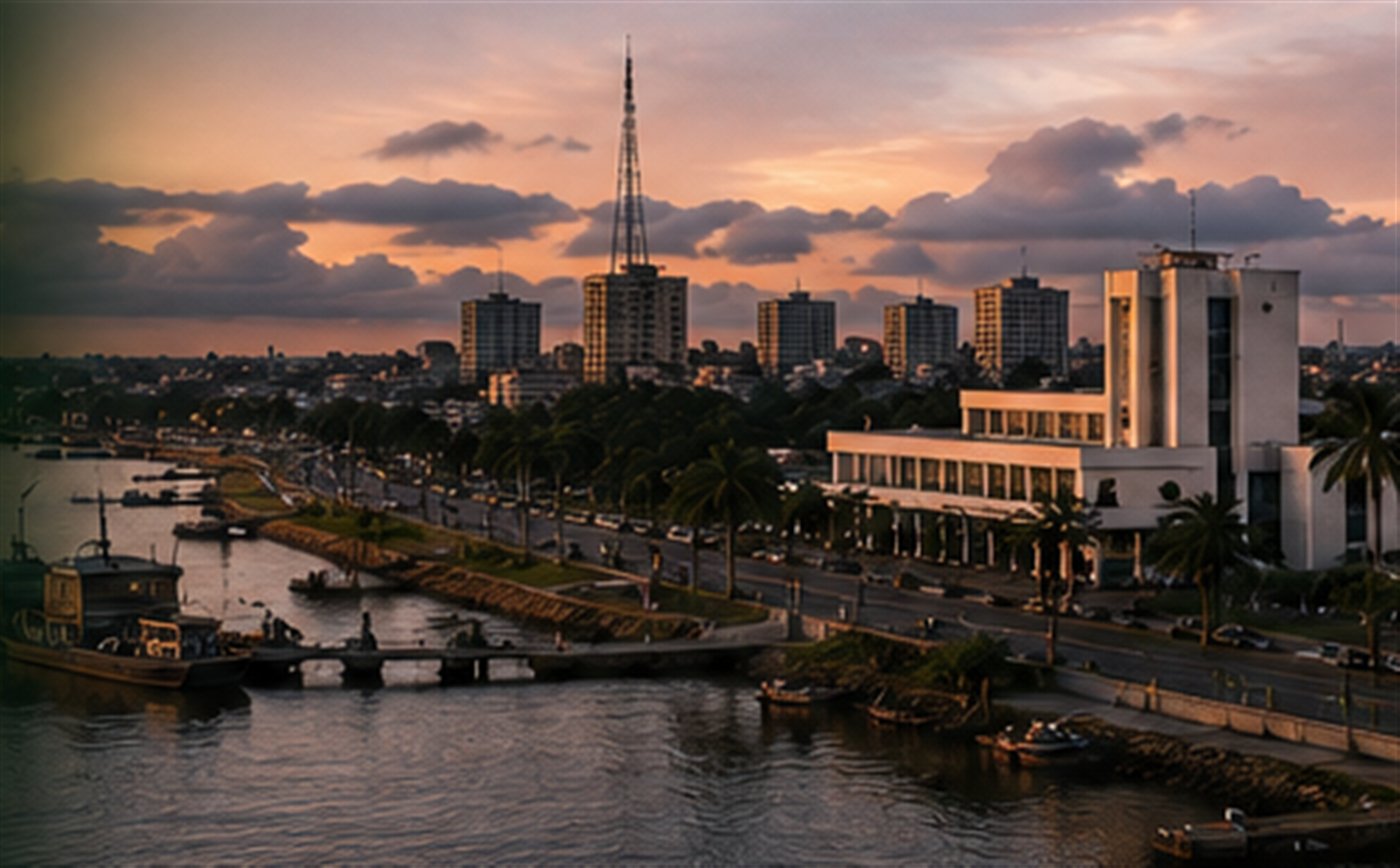 The Douala waterfront at sunset, seen from across the Wouri river