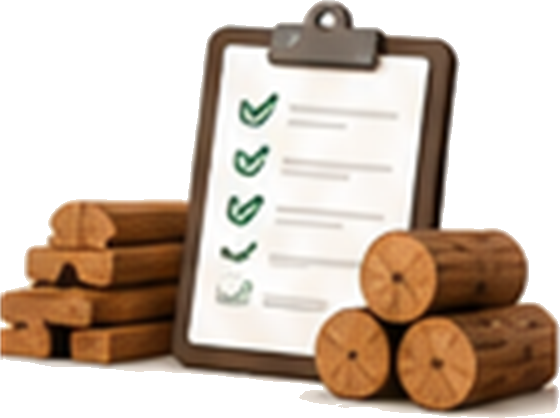 Clipboard with a checklist beside stacked timber logs